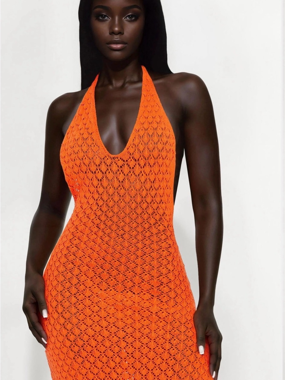 Fashion Nova Orange Crochet Halter Maxi Dress - Seaside Express
